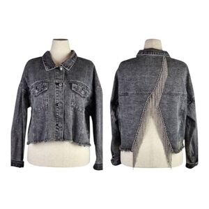 Savanna Jane Rhinestone Fringe Black Acid Wash Cropped Denim Jacket L Maximalism